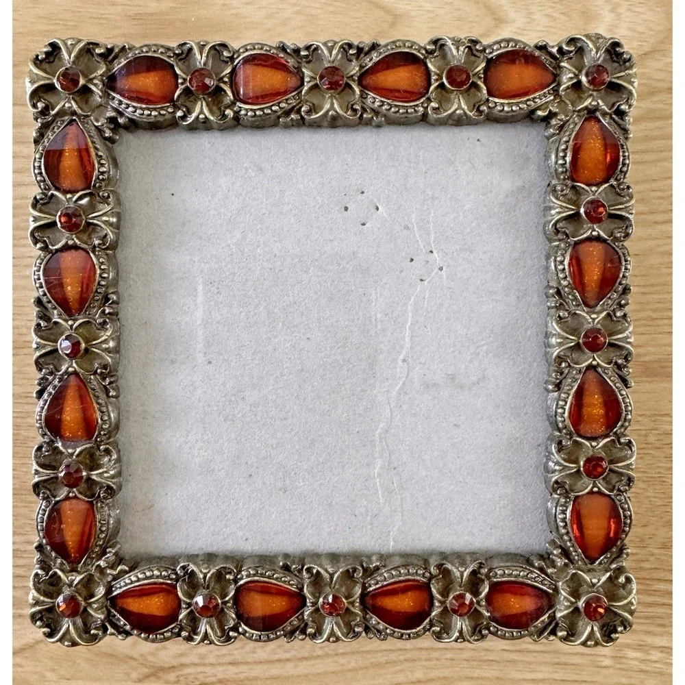 Vintage Jeweled Picture Frame 4x4 Amber Rhinestone Ornate Floral Metal